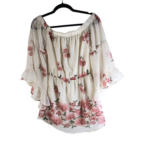 Hint of Blush Boho Floral Off-Shoulder Mini Dress White Pink Size S - Picture 2 of 4